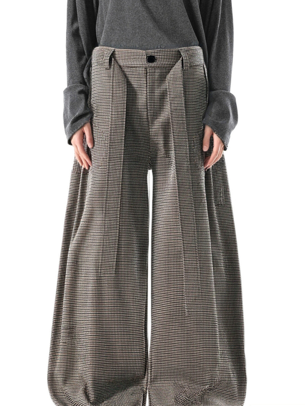 Kendo stílusú férfi nadrág houndstooth mintával, tiszta szabás, széles lábszárú, hétköznapi retro