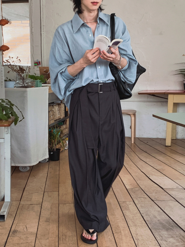 Muške ljetne casual hlače, širokih nogavica, ravnog kroja i drapiranog izgleda, korejski clean-fit stil