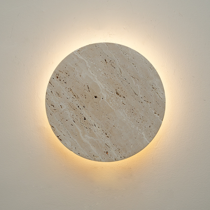 Okrugla žuta travertinska zidna lampa za spavaću sobu i hodnik, japanski stil wabi-sabi.