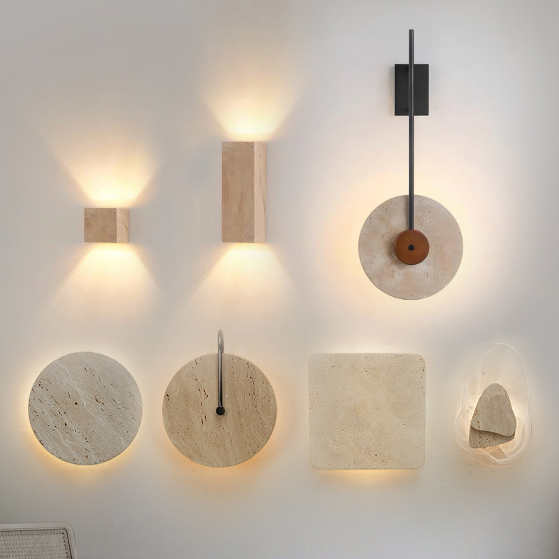 Okrugla žuta travertinska zidna lampa za spavaću sobu i hodnik, japanski stil wabi-sabi.