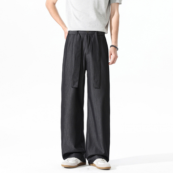 TN DD 2026 Crne muške hlače s vezicama, casual stil, drapirana linija, ravne široke nogavice, labave hlače za odijelo
