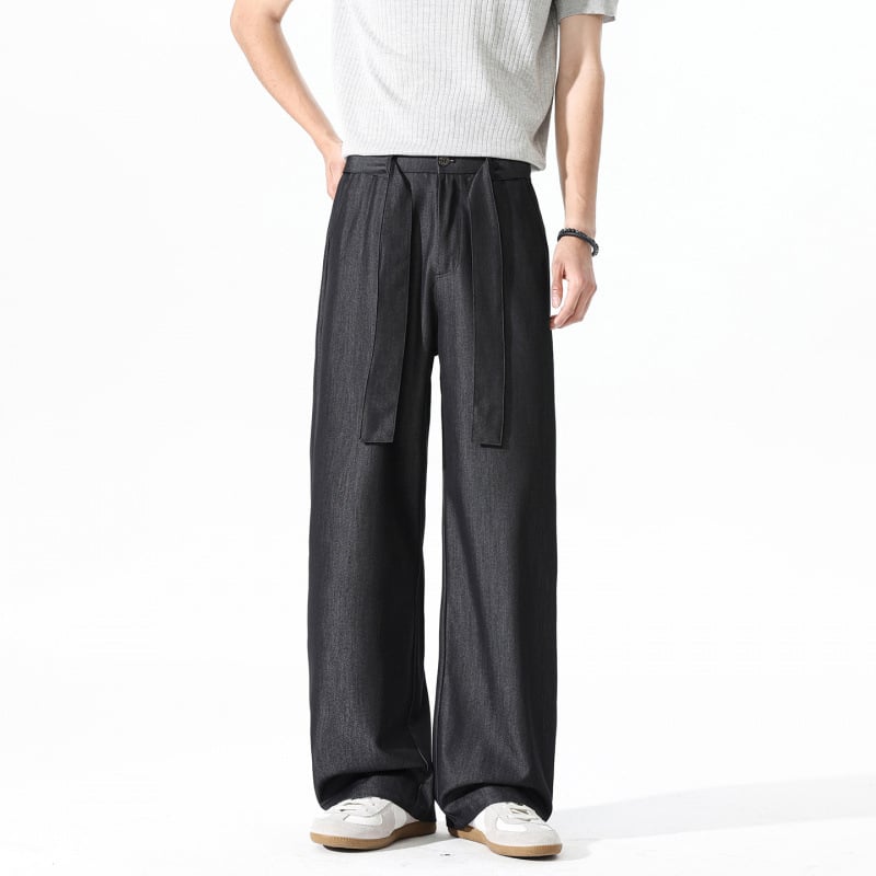 TN DD 2026 Crne muške hlače s vezicama, casual stil, drapirana linija, ravne široke nogavice, labave hlače za odijelo