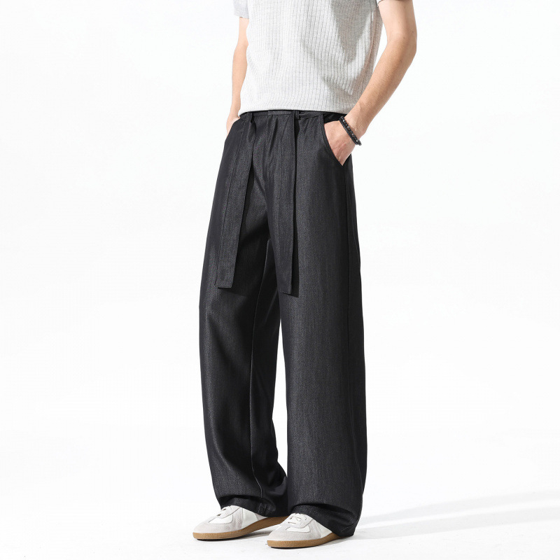 TN DD 2026 Crne muške hlače s vezicama, casual stil, drapirana linija, ravne široke nogavice, labave hlače za odijelo