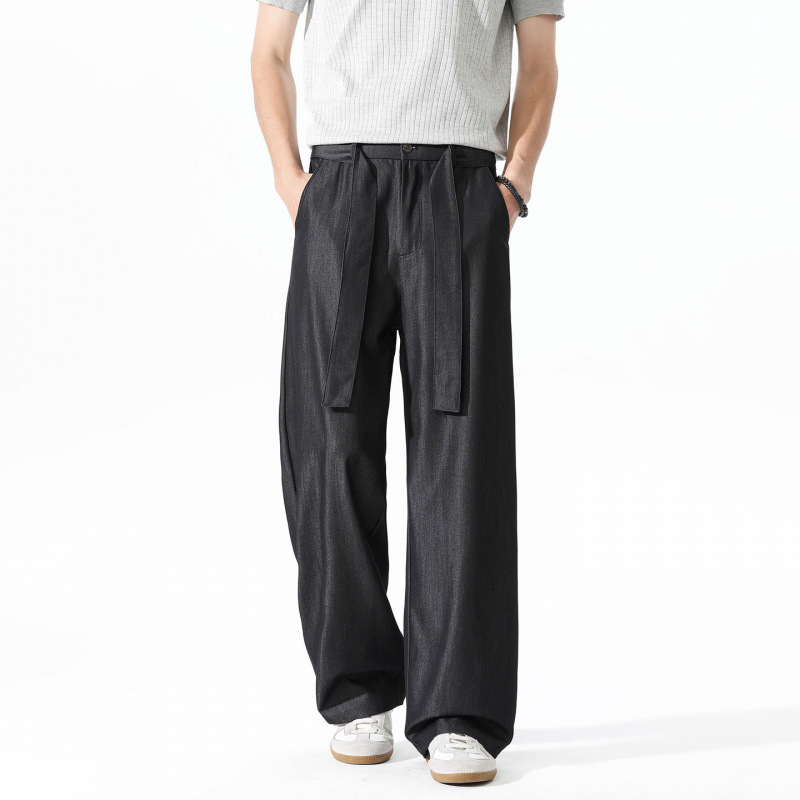 TN DD 2026 Crne muške hlače s vezicama, casual stil, drapirana linija, ravne široke nogavice, labave hlače za odijelo
