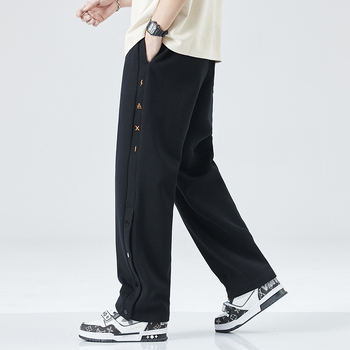 Crne muške casual hlače s kopčama, flis podstava, debele, opušten kroj, velika veličina, ravne hlače, sportski stil