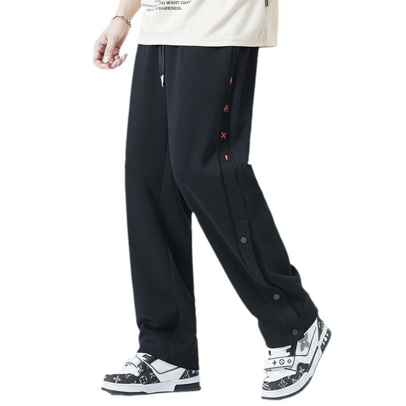 Crne muške casual hlače s kopčama, flis podstava, debele, opušten kroj, velika veličina, ravne hlače, sportski stil