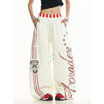 Oreeta Unisex američki retro sportski jogger hlače, s printom, udobne, široke, ležerne, 65% pamuk 35% poliester