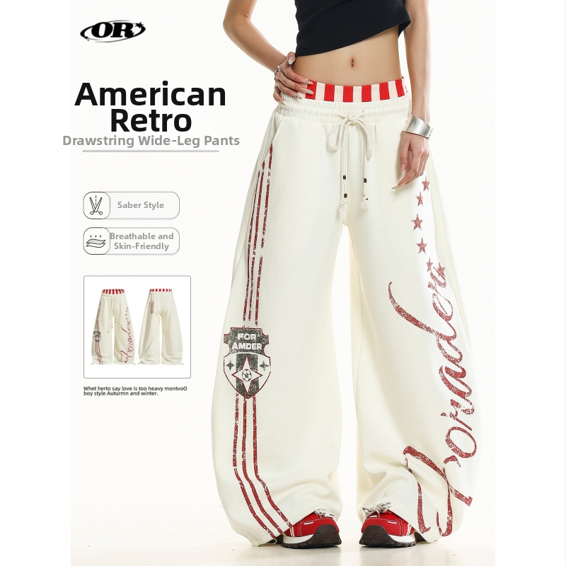 Oreeta Unisex jogger nohavice s americkým retro športovým štýlom, s potlačou, voľné, široké nohavice, 65% bavlna 35% polyester
