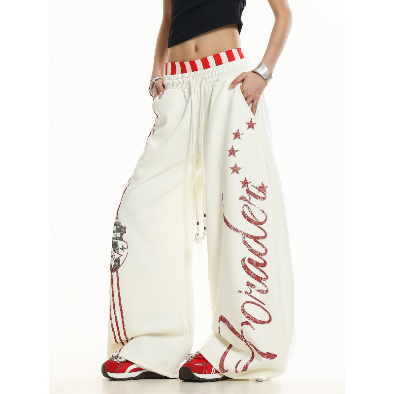 Oreeta Unisex američki retro sportski jogger hlače, s printom, udobne, široke, ležerne, 65% pamuk 35% poliester