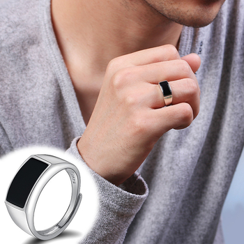 Fényűző fekete onix férfi gyűrű ezüstözött bevonattal, nyitható, állítható, minimalist stílusú, új modell