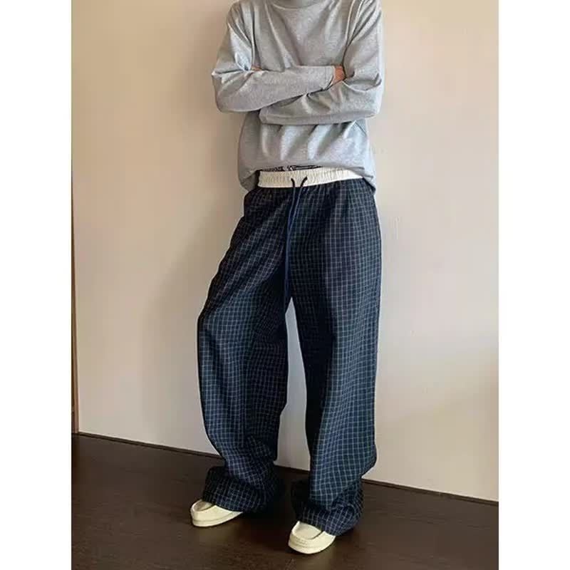 Amerikai stílusú retro kockás nadrág, uniszex, egyenes szabás, laza szabás, sportos casual nadrág