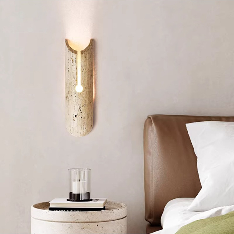 Kreativna zidna lampa za noćni stočić, vintage dizajnerski stil, LED zidna svjetiljka od žutog travertina za dnevni boravak ili spavaću sobu, inspirirano kremom i wabi-sabi stilom.