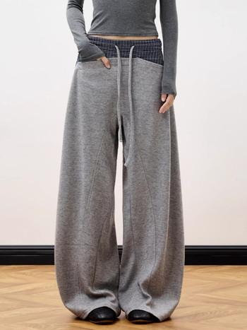 Férfi kockás patchwork drawstring sportnadrág, széles szabású, laza, egyenes szárú, hosszú