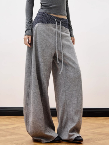 Férfi kockás patchwork drawstring sportnadrág, széles szabású, laza, egyenes szárú, hosszú