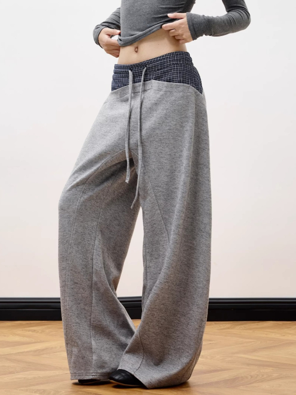 Férfi kockás patchwork drawstring sportnadrág, széles szabású, laza, egyenes szárú, hosszú