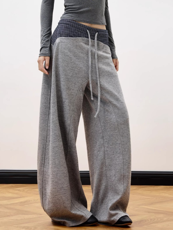 Férfi kockás patchwork drawstring sportnadrág, széles szabású, laza, egyenes szárú, hosszú