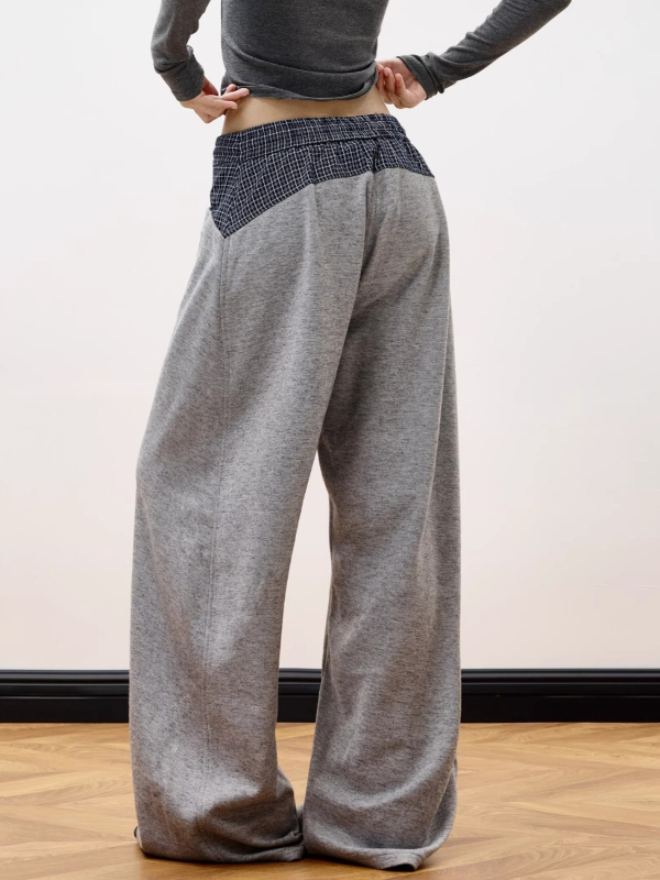 Férfi kockás patchwork drawstring sportnadrág, széles szabású, laza, egyenes szárú, hosszú
