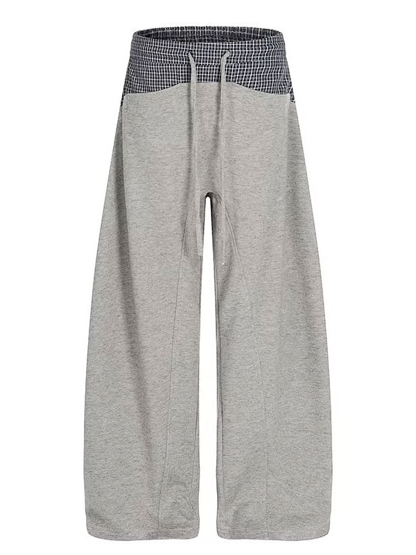 Férfi kockás patchwork drawstring sportnadrág, széles szabású, laza, egyenes szárú, hosszú