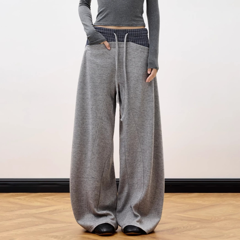 Férfi kockás patchwork drawstring sportnadrág, széles szabású, laza, egyenes szárú, hosszú
