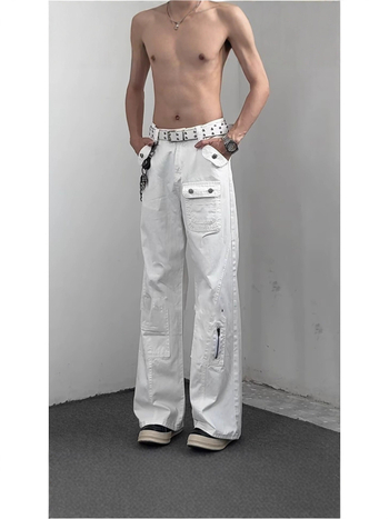 Férfi denim nadrágok, amerikai stílusban, sok zseb, magas derék, laza szabás, széles szárú