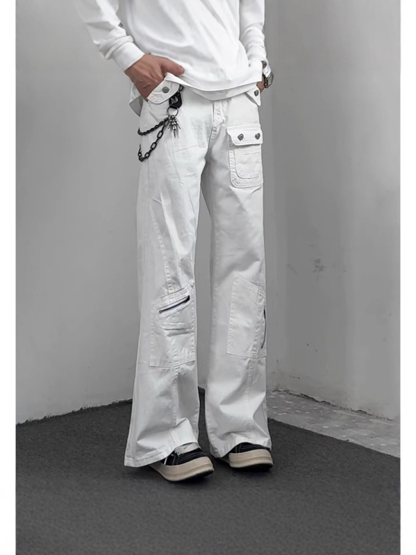 Férfi denim nadrágok, amerikai stílusban, sok zseb, magas derék, laza szabás, széles szárú