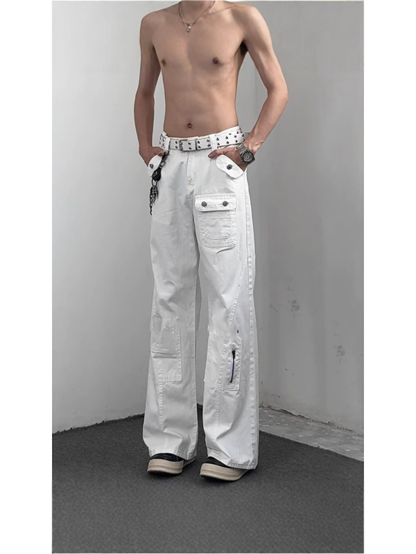 Férfi denim nadrágok, amerikai stílusban, sok zseb, magas derék, laza szabás, széles szárú