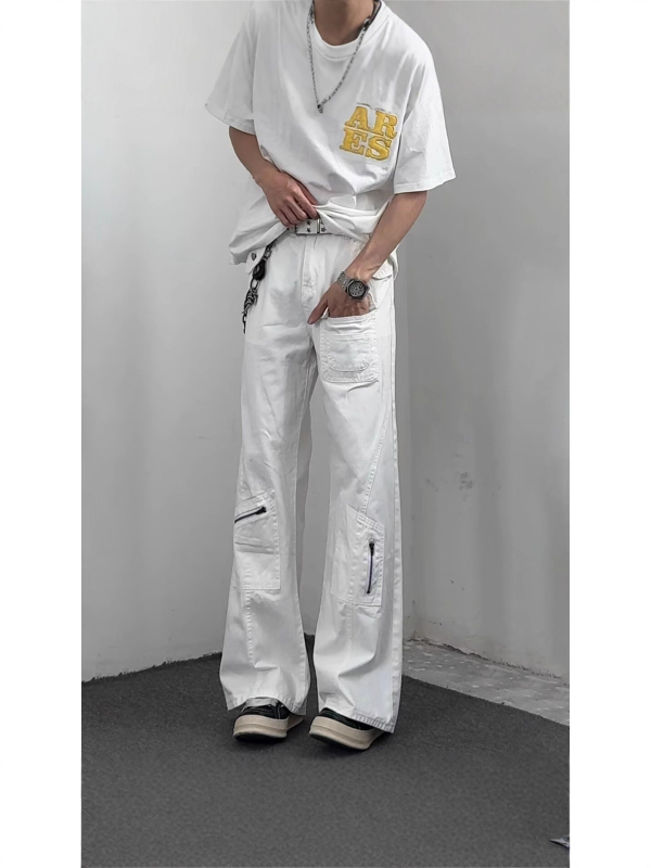 Férfi denim nadrágok, amerikai stílusban, sok zseb, magas derék, laza szabás, széles szárú