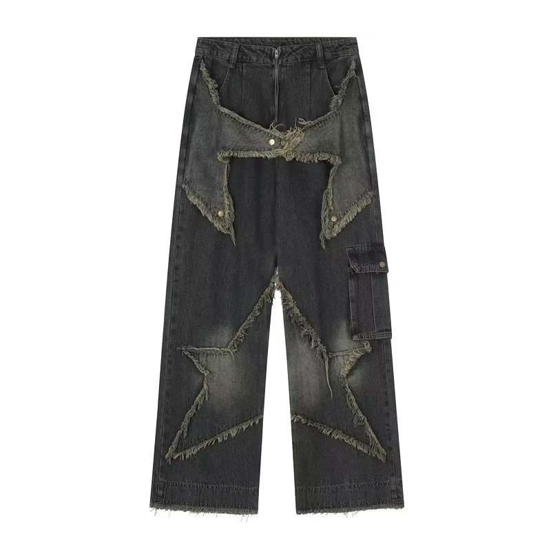 Férfi farmer nadrág ötágú csillag mintával, amerikai retro stílus, nagy zsebek, szakadt szél, vintage mosás, széleslábú munkaruházat