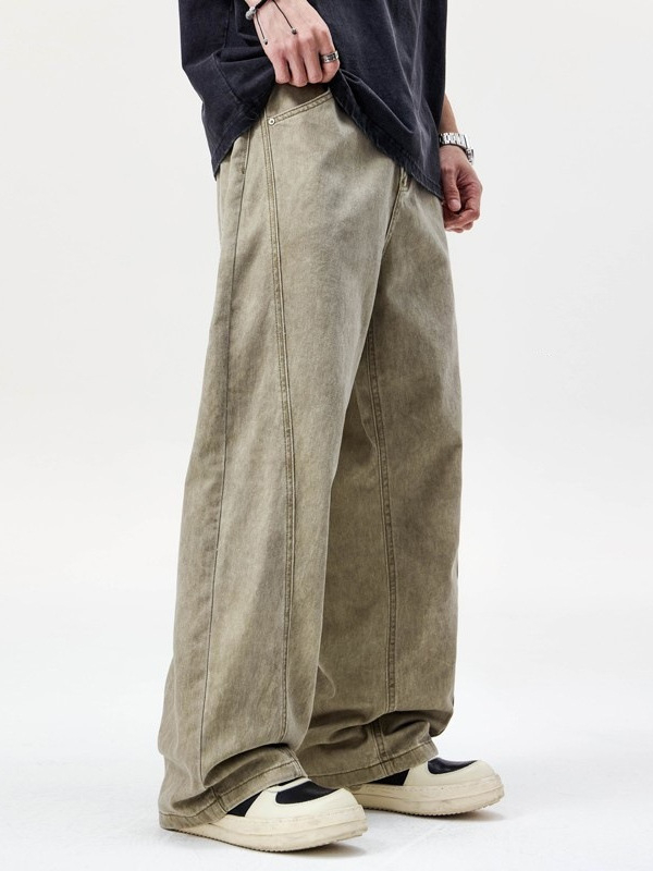 Férfiaknak tervezett, görbült szegélyű nadrág, designer utcai stílus, tavasz–ősz, laza szabású egyenes és széles lábszár