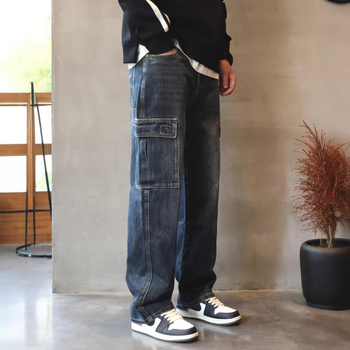 Férfi denim nadrág, laza egyenes vonal, munkaruházat ihletésű, hip-hop stílus, széles szár, őszi-téli