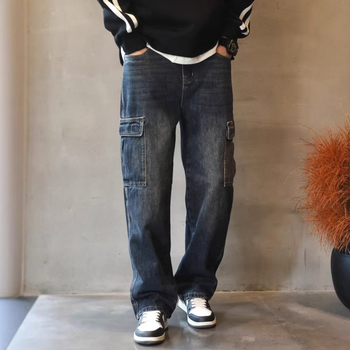 Férfi denim nadrág, laza egyenes vonal, munkaruházat ihletésű, hip-hop stílus, széles szár, őszi-téli