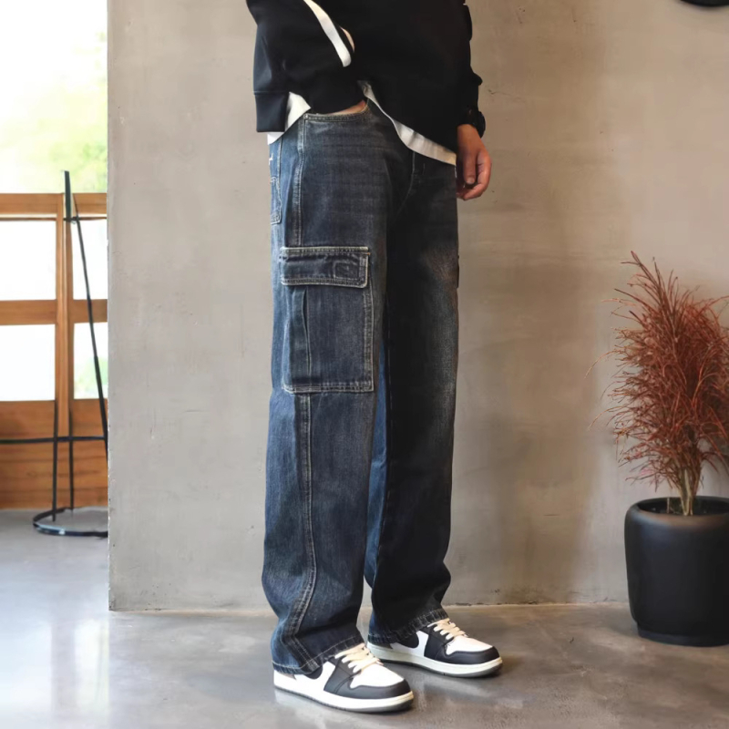 Férfi denim nadrág, laza egyenes vonal, munkaruházat ihletésű, hip-hop stílus, széles szár, őszi-téli