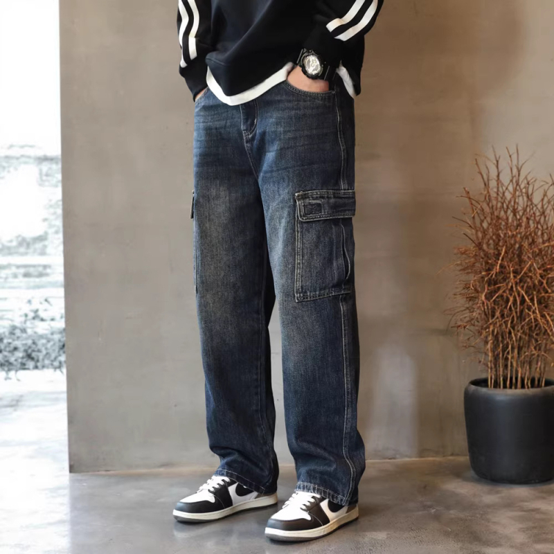 Férfi denim nadrág, laza egyenes vonal, munkaruházat ihletésű, hip-hop stílus, széles szár, őszi-téli