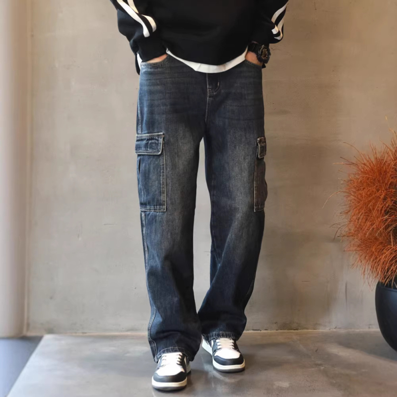Férfi denim nadrág, laza egyenes vonal, munkaruházat ihletésű, hip-hop stílus, széles szár, őszi-téli