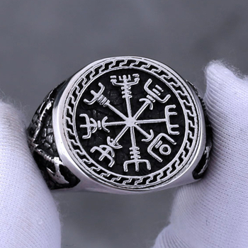 Rozsdamentes acél gyűrű, északi Viking iránytű rúna, férfi geometriai stílus