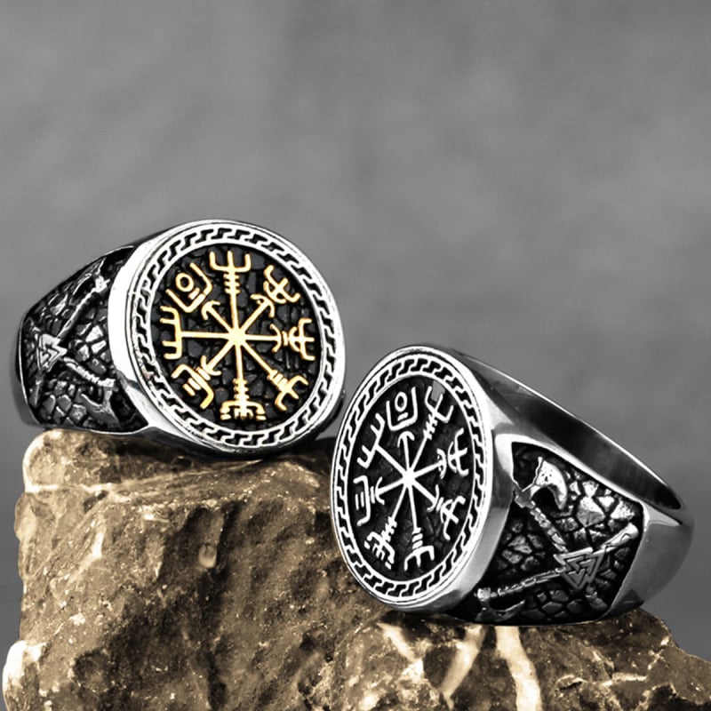 Rozsdamentes acél gyűrű, északi Viking iránytű rúna, férfi geometriai stílus