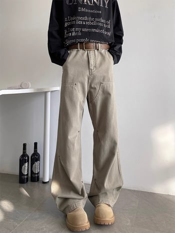 Ανδρικά τζιν με μεταλλικά στοιχεία ριβέτ, street style, vintage έμπνευση από εργατικό στυλ, φαρδιά γραμμή, μακριά παντελόνια για όλες τις εποχές