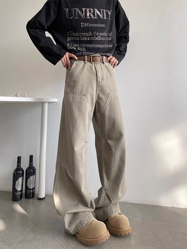 Ανδρικά τζιν με μεταλλικά στοιχεία ριβέτ, street style, vintage έμπνευση από εργατικό στυλ, φαρδιά γραμμή, μακριά παντελόνια για όλες τις εποχές