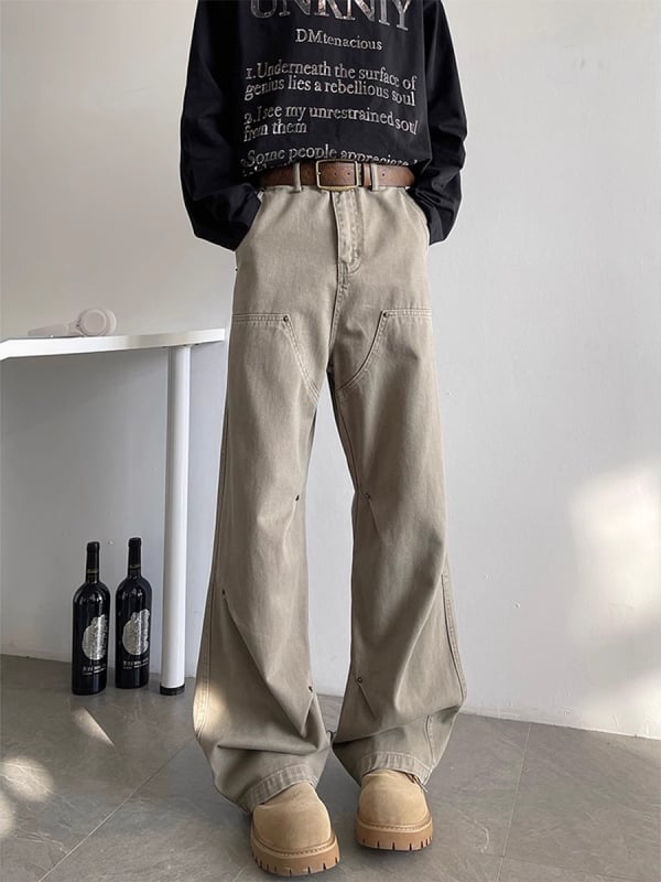 Ανδρικά τζιν με μεταλλικά στοιχεία ριβέτ, street style, vintage έμπνευση από εργατικό στυλ, φαρδιά γραμμή, μακριά παντελόνια για όλες τις εποχές