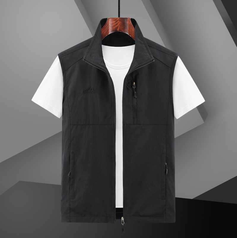 Férfi kültéri mellény tavasz–nyárra, fotózásra és horgászatra, állig érő gallérral, sportos, kényelmes viselet