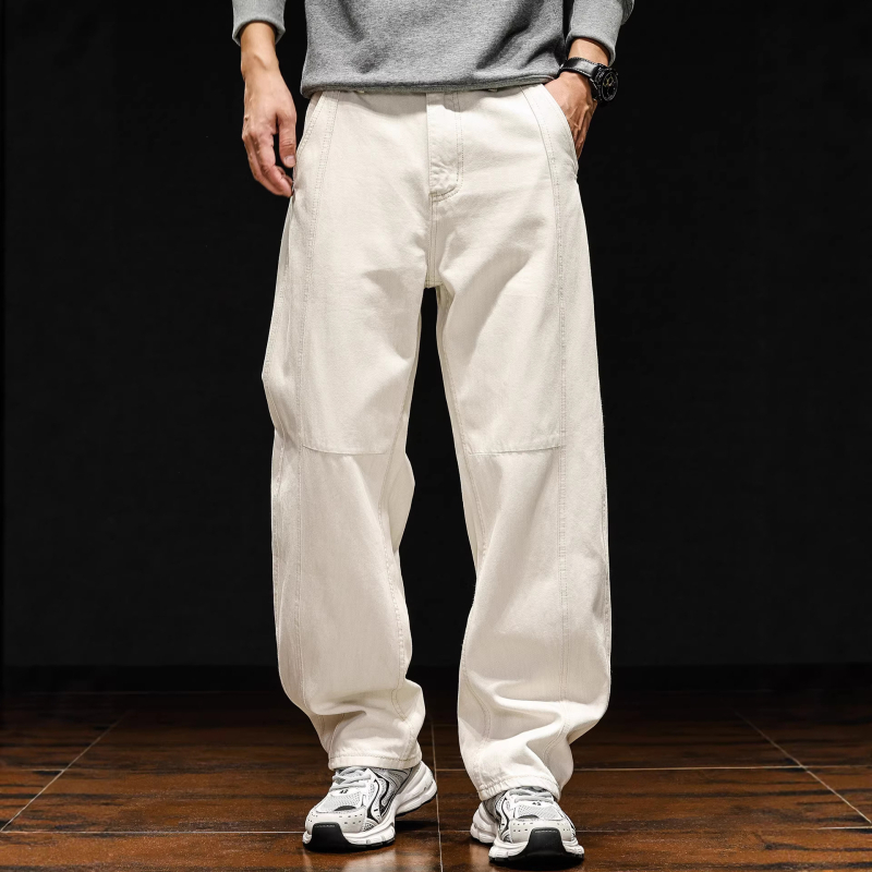 Férfi fehér farmernadrág amerikai stílusban, lazított szabás, széles szár, denim 100% pamut, cipzár, zsebek, gyűrődésmentes felület