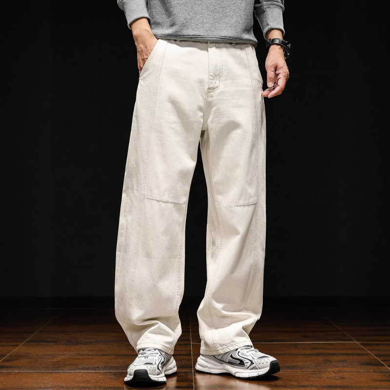 Férfi fehér farmernadrág amerikai stílusban, lazított szabás, széles szár, denim 100% pamut, cipzár, zsebek, gyűrődésmentes felület