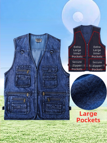 Fekete denim mellény férfiaknak, kültéri viselet, több zsebbel, 7XL
