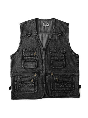 Fekete denim mellény férfiaknak, kültéri viselet, több zsebbel, 7XL