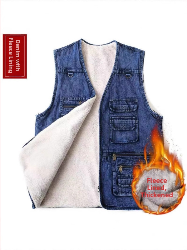 Fekete denim mellény férfiaknak, kültéri viselet, több zsebbel, 7XL