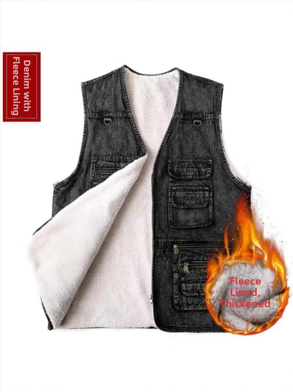 Fekete denim mellény férfiaknak, kültéri viselet, több zsebbel, 7XL