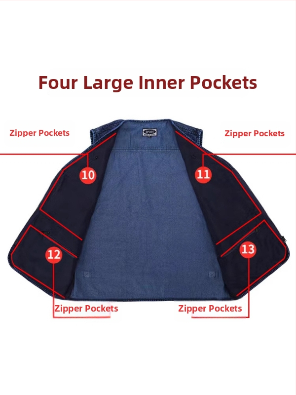 Fekete denim mellény férfiaknak, kültéri viselet, több zsebbel, 7XL