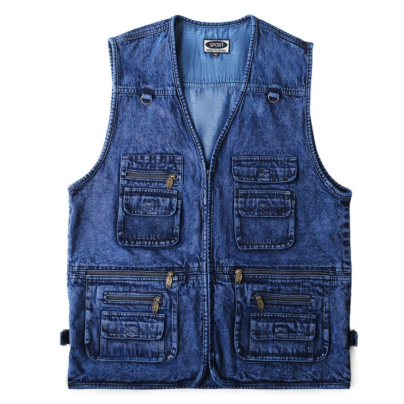 Fekete denim mellény férfiaknak, kültéri viselet, több zsebbel, 7XL