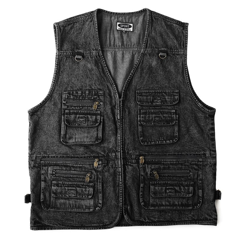 Fekete denim mellény férfiaknak, kültéri viselet, több zsebbel, 7XL