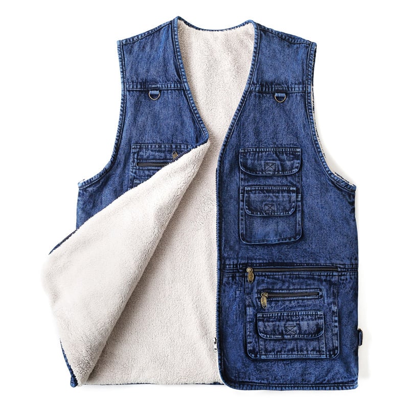 Fekete denim mellény férfiaknak, kültéri viselet, több zsebbel, 7XL